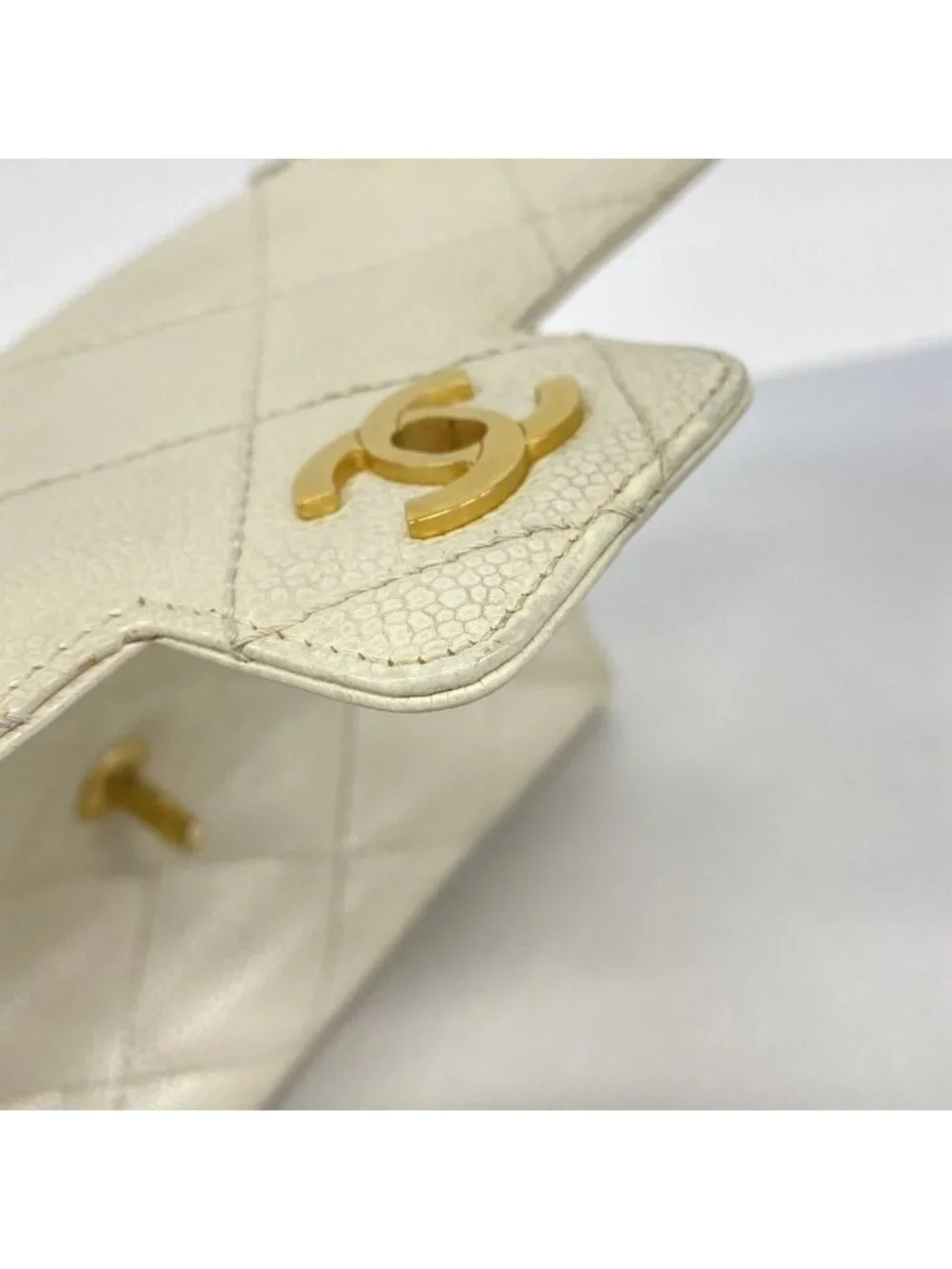 Chanel Handbag Quilted Caviar Leather White Gold